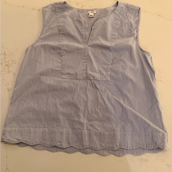 J. Crew Tops - J.Crew Blue & White Pinstripe Sleeveless Blouse Size 14 Scalloped Hem